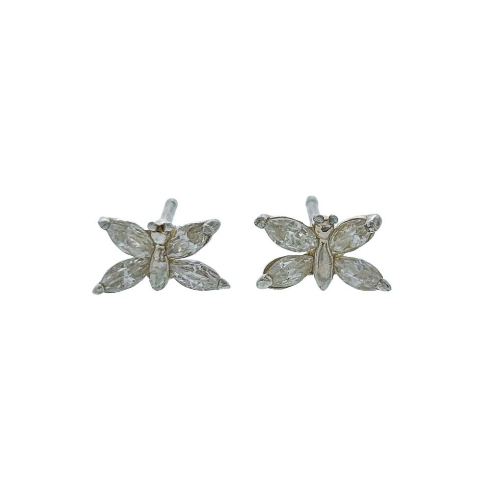 Vintage Sterling Silver 925 White Cubic Zirconia Butterfly Stud Earrings